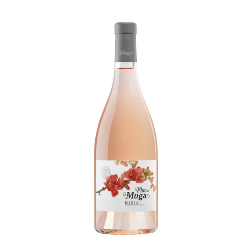 Bottle of pink colored wine with flowers on the label